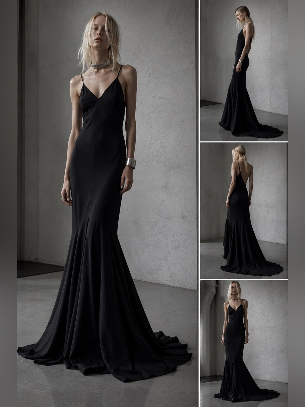 Black Mermaid Slip Gown Maxi Dress Satin Trim Open Back Formal Evening Goth Mini